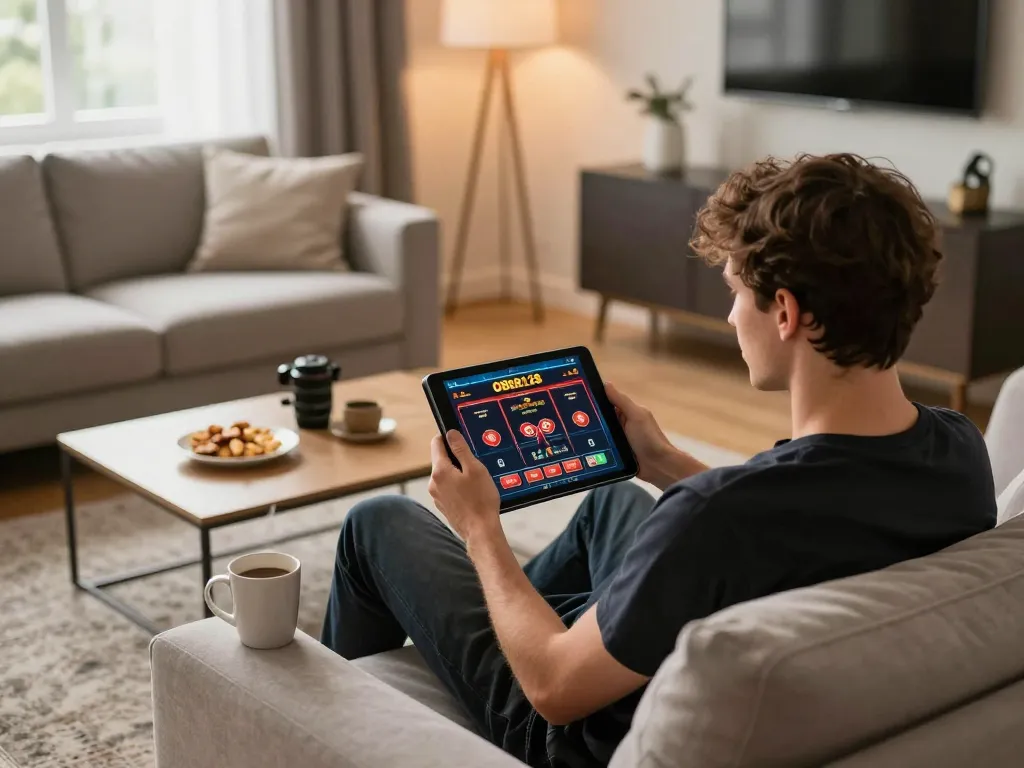 Player enjoying situs gacor gaming experience on a tablet in a cozy home setting.