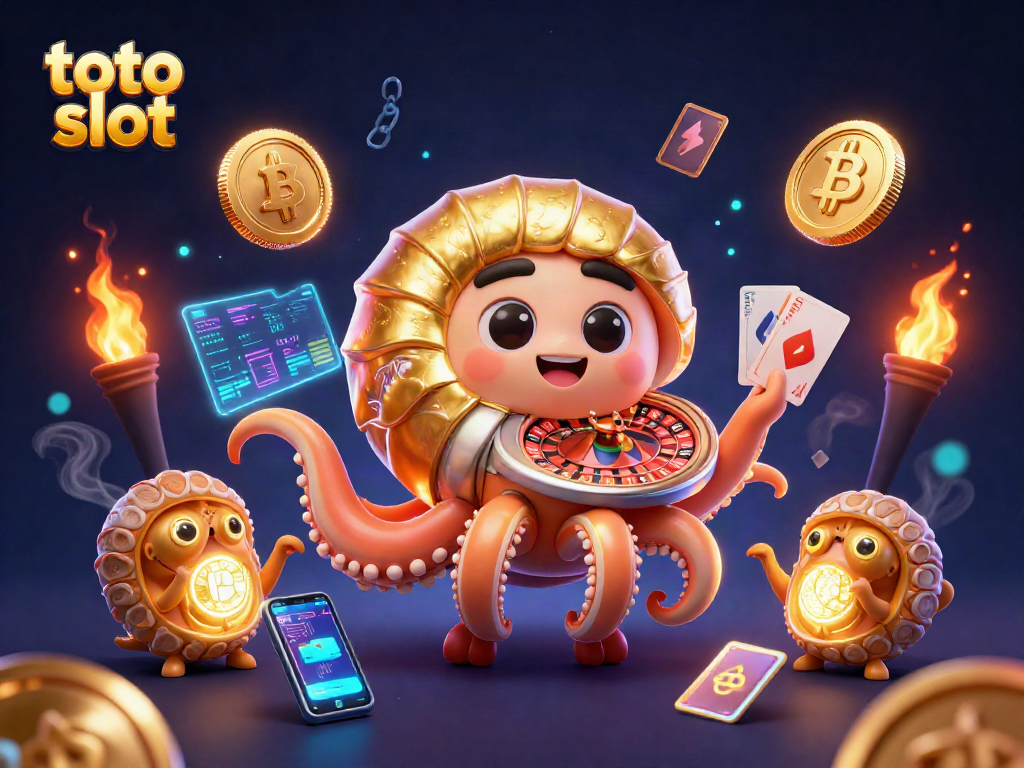 Engage with thrilling adventures in toto slot with a vibrant casino illustration filled with cards and cryptocurrencies.