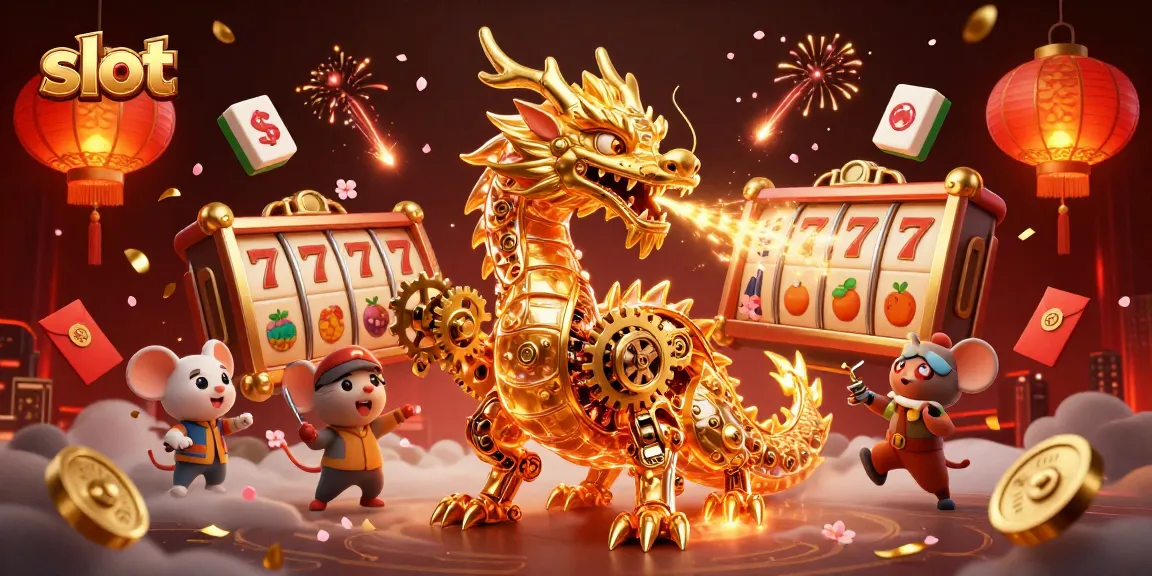 Slot yang menarik dengan naga emas dan simbol kemenangan memukau dalam ilustrasi 3D