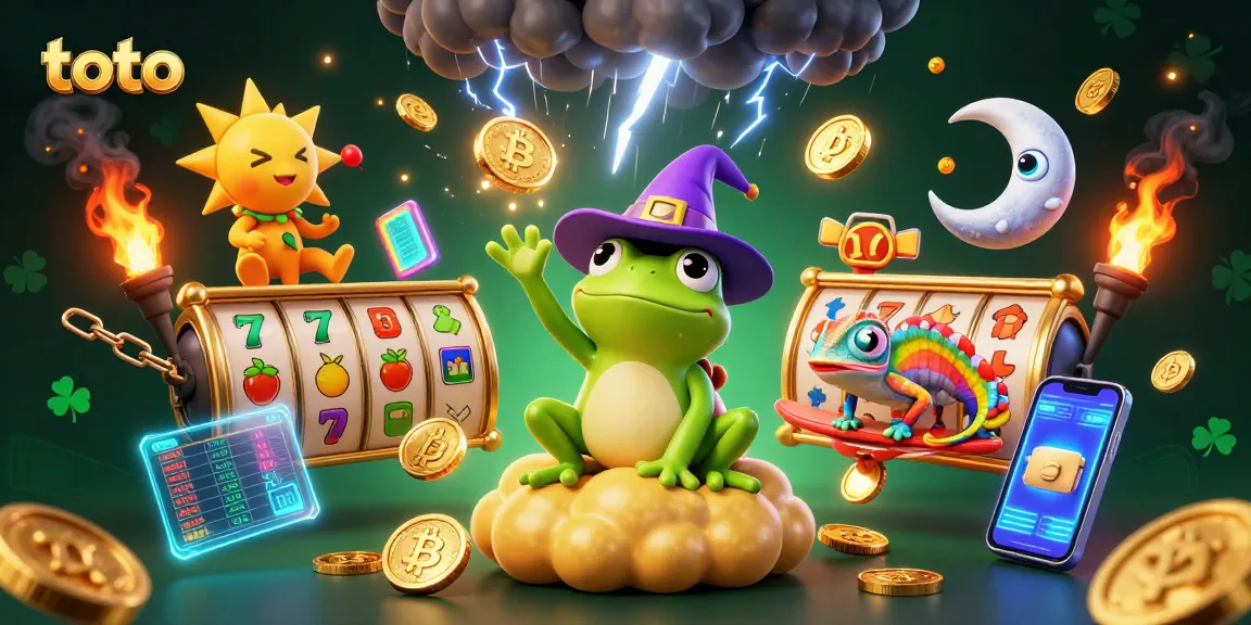 Engage in thrilling toto gaming with a wizard frog and chameleon creating a storm of coins.