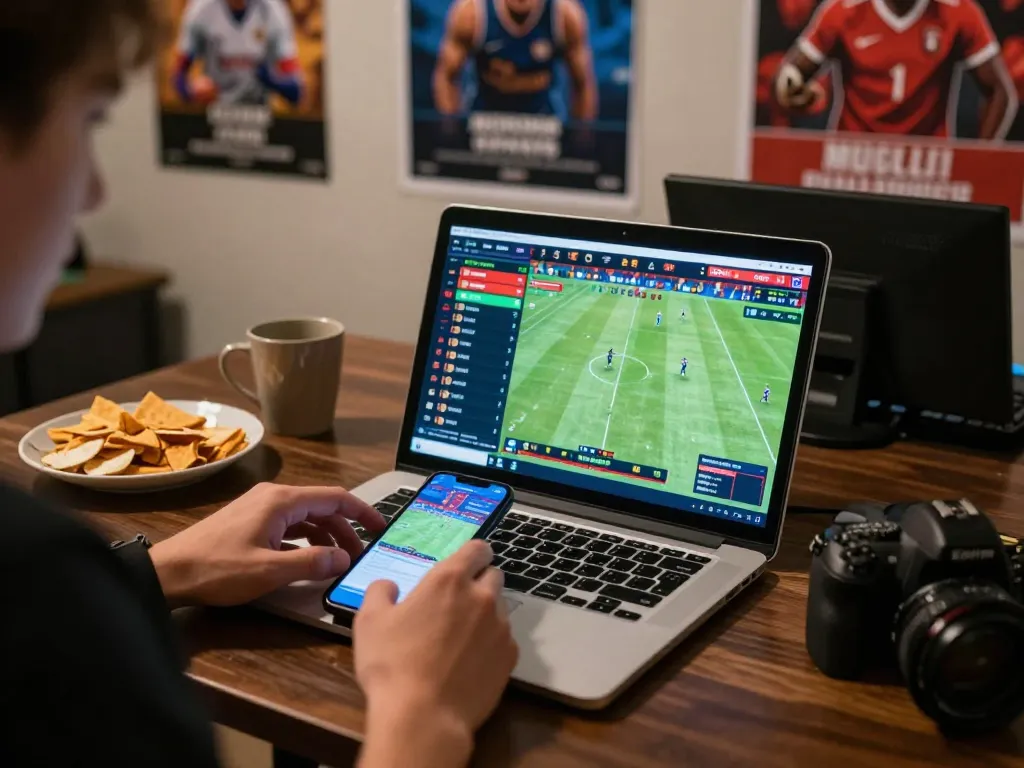 Person engaging in sports betting on cm8888 with laptop and smartphone, capturing excitement of online gambling.