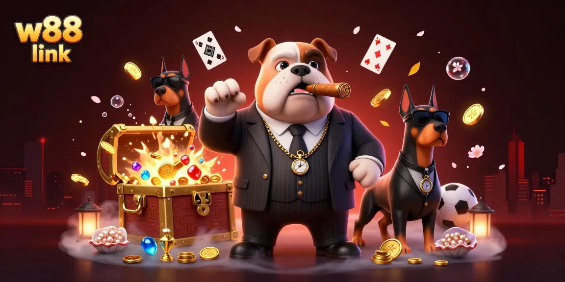 Experience w88 link with a vibrant 3D scene featuring a cartoon mafia bulldog and his Doberman bodyguards engaged in exciting gambling elements.