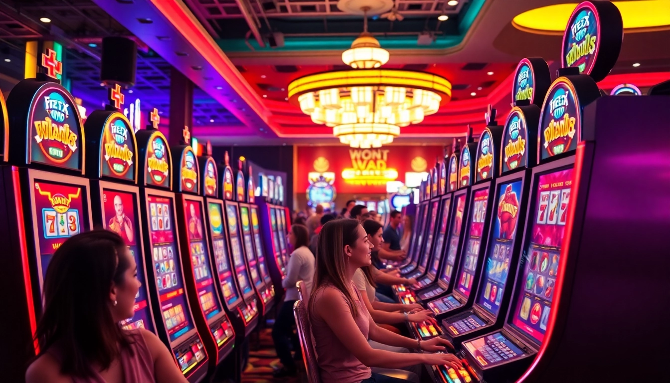 Engaging gameplay on platform slot indonesia at a lively casino with vibrant ambiance.
