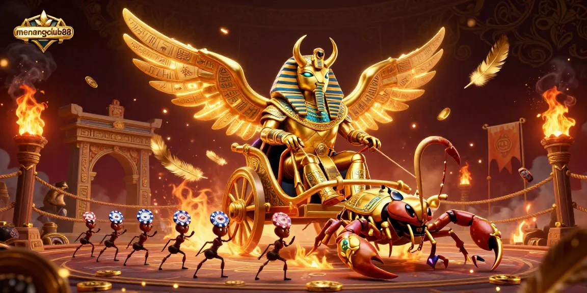 Engage with menangclub88 in a vibrant casino scene featuring golden scarabs and poker chips