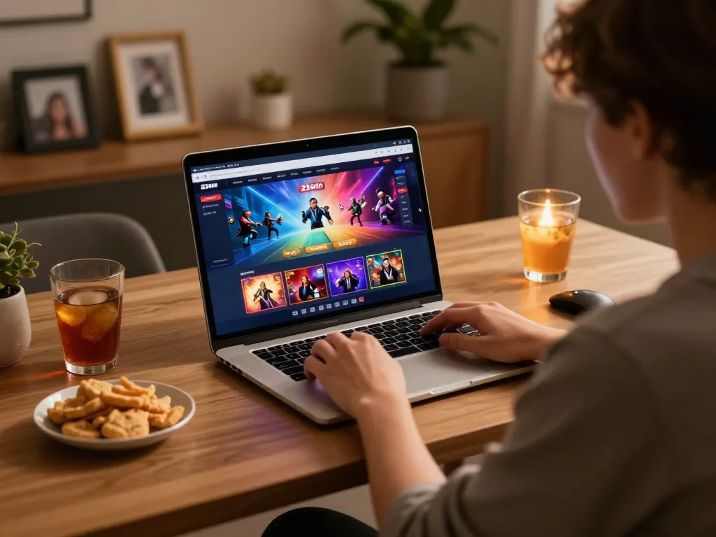 Engaging with the 23win online casino platform through a stylish laptop setup.