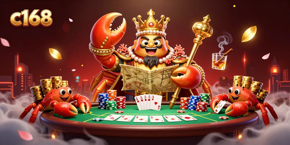 C168 showcases a golden crab emperor commanding poker elements amidst vibrant casino atmosphere.