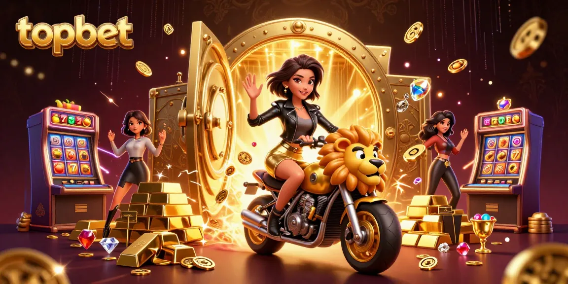 topbet illustrated scene showcasing an Asian woman victorious on a golden lion amid casino treasures.