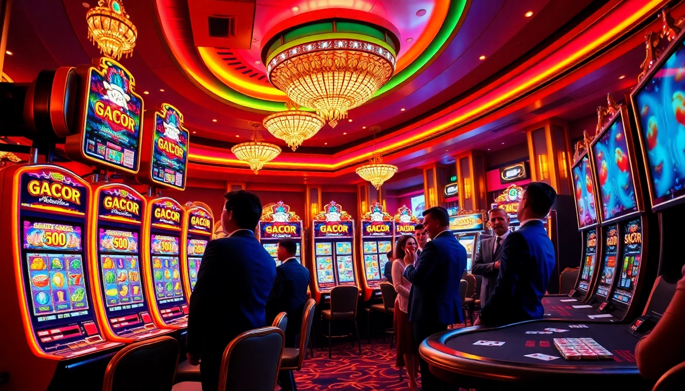 Excited gamblers enjoying vibrant slot gacor machines in a luxurious casino environment.