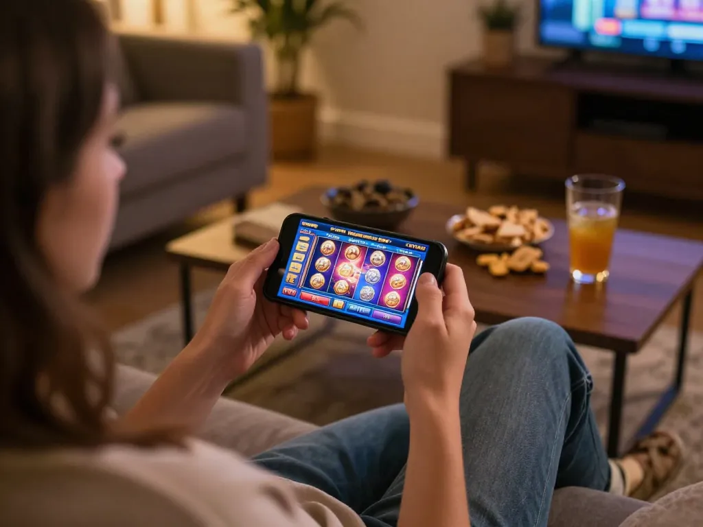 Playing exciting slots not on gamstop on a smartphone during a cozy evening
