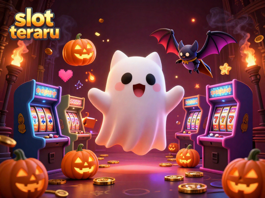 Engage with slot terbaru in a vibrant haunted casino scene with ghost cat and vampire bat.