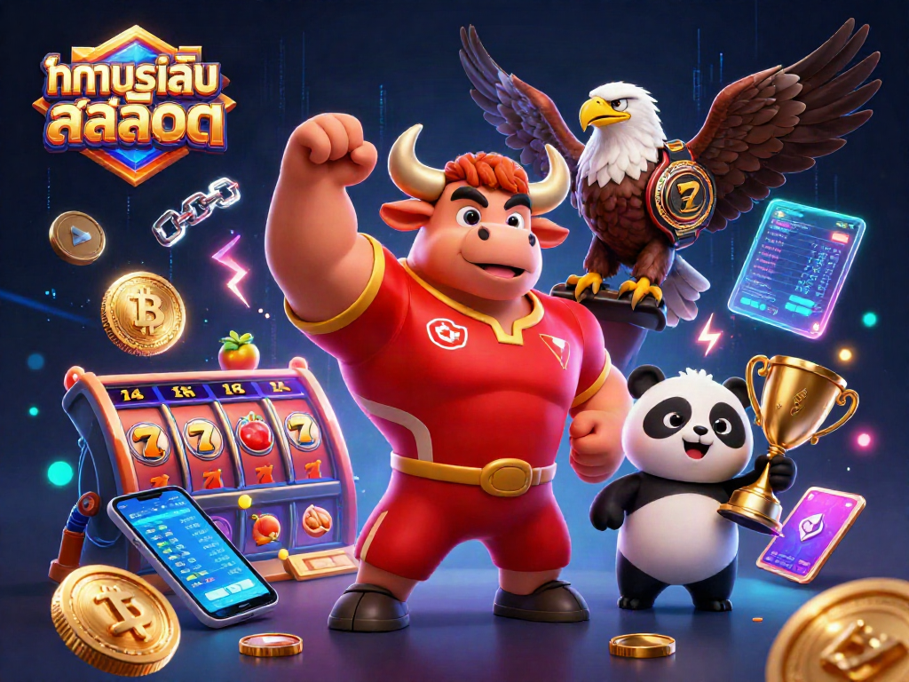 Win big with ทดลองเล่นสล็อต as a lively bull, eagle, and panda celebrate together in a vibrant casino scene!