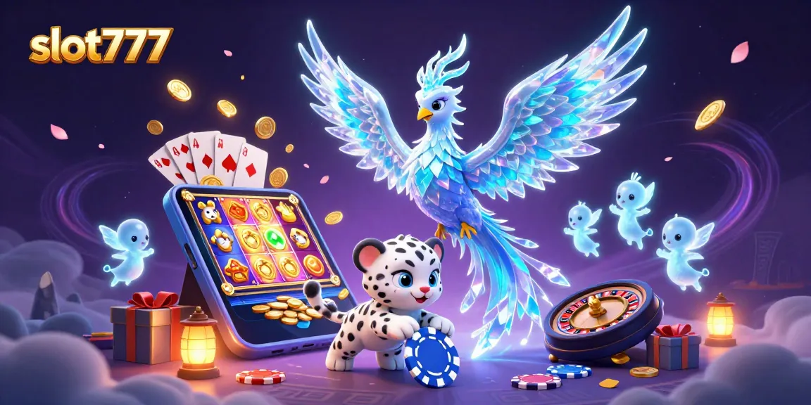 Experience slot777 excitement with a vibrant scene featuring a phoenix, snow leopard, and dynamic slot game elements