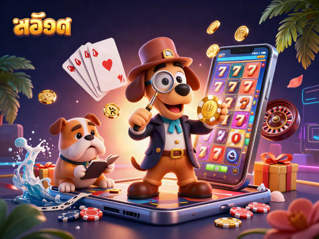 Playing สล็อต, a detective bloodhound examines clues while golden coins erupt from a smartphone.