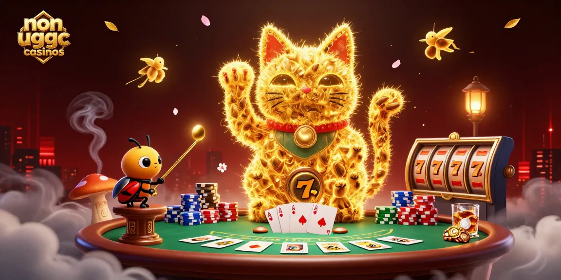 Engage in exciting gameplay at non ukgc casinos with a dynamic scene featuring a lucky cat and rich casino elements.