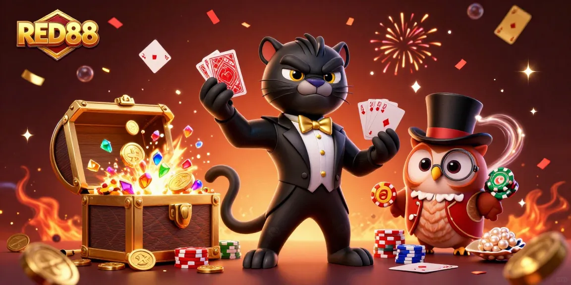 Join the excitement at RED88 with a stylish panther dealer, owl handler, and lucky mouse in a vibrant casino atmosphere.