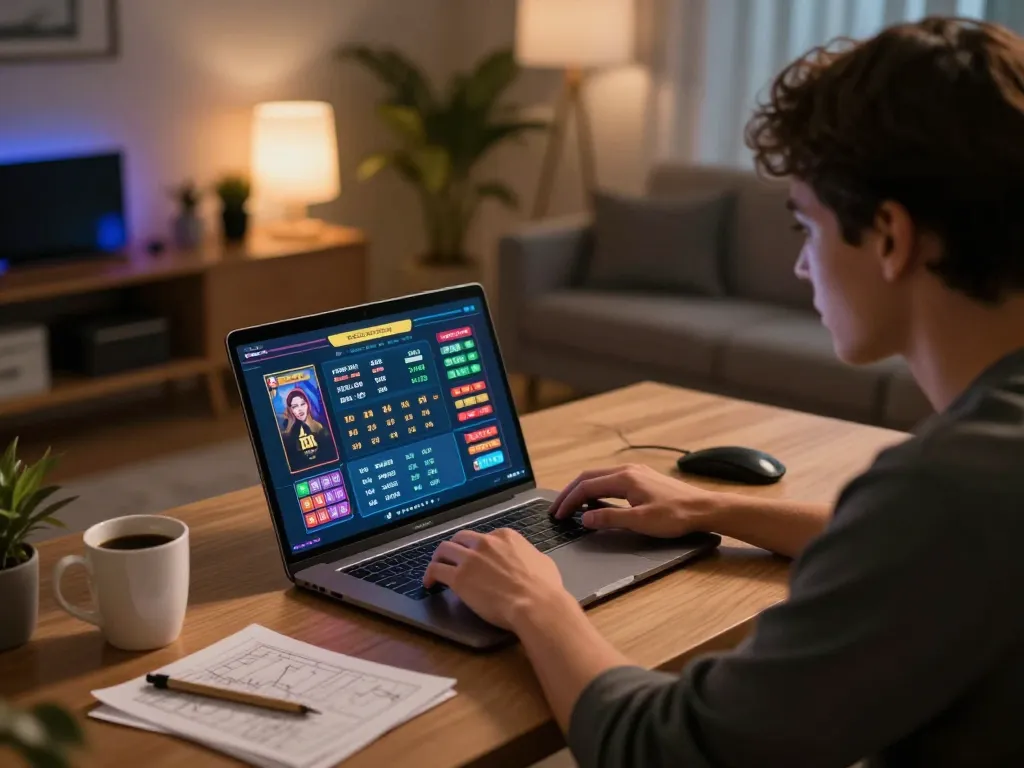 Permainan toto togel di layar laptop dalam suasana rumah modern, menunjukkan fokus dan strategi.