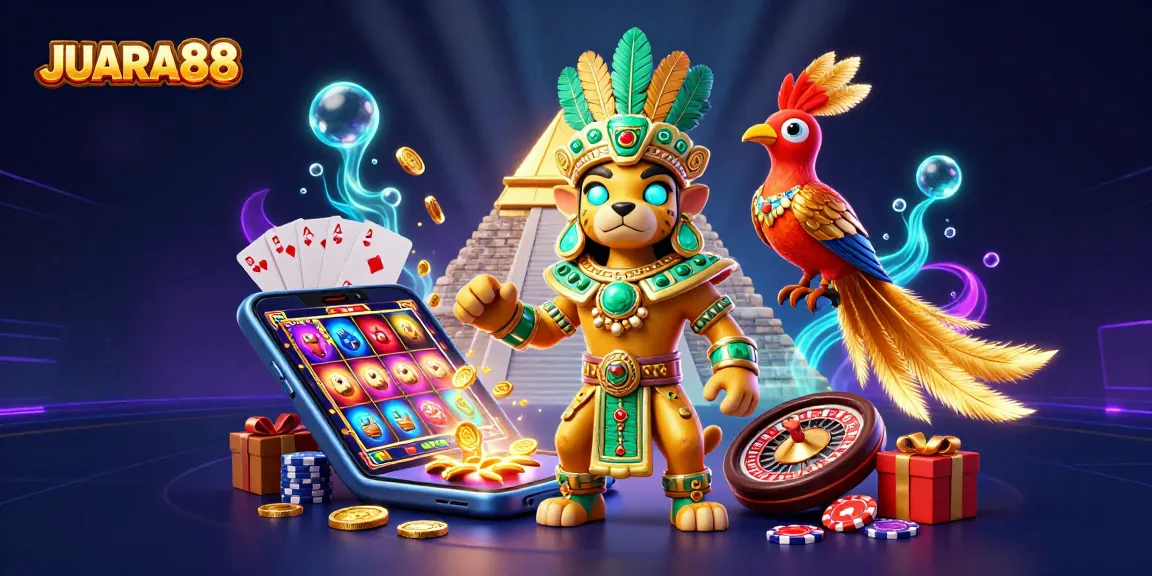 Experience thrilling gaming action with JUARA88, featuring colorful slot reels and vibrant Mayan characters.