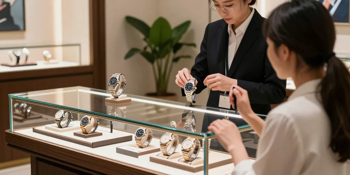 Showcase of premium clone watches like Rolex and Audemars Piguet in an upscale boutique.