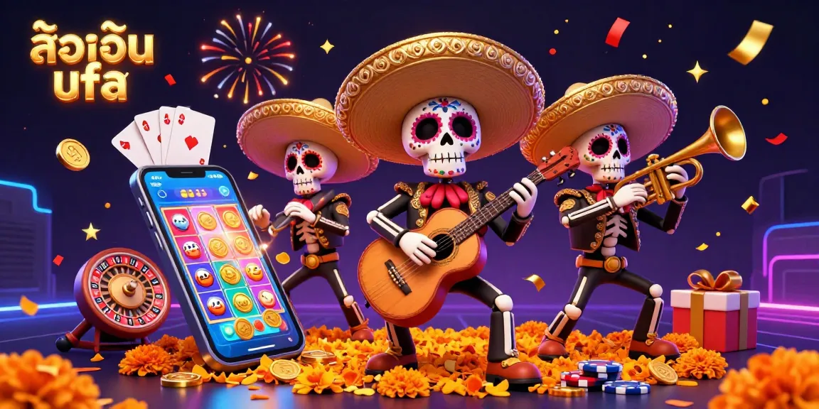 Engage in thrilling gameplay with ล็อคอิน ufa as colorful mariachi skeletons celebrate amidst dynamic casino elements.
