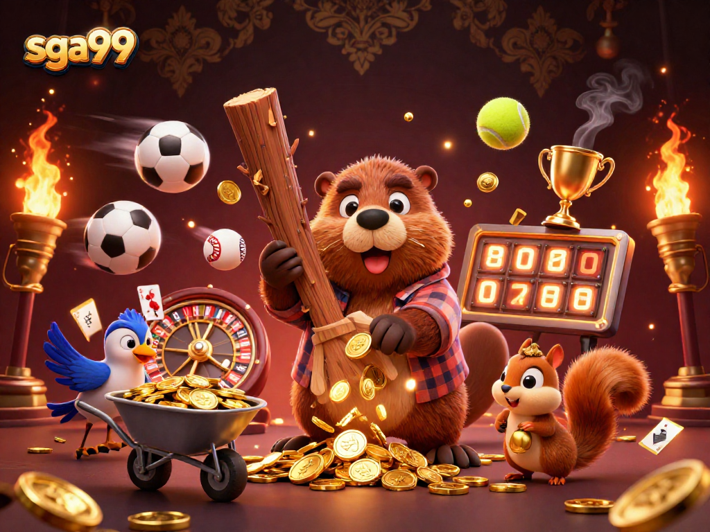 sga99 features a beaver and friends enjoying golden winnings in a dynamic casino game scene