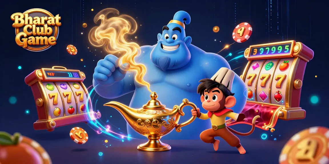 Bharat Club Game features captivating casino elements including slot reels, prizes, and a dynamic genie.