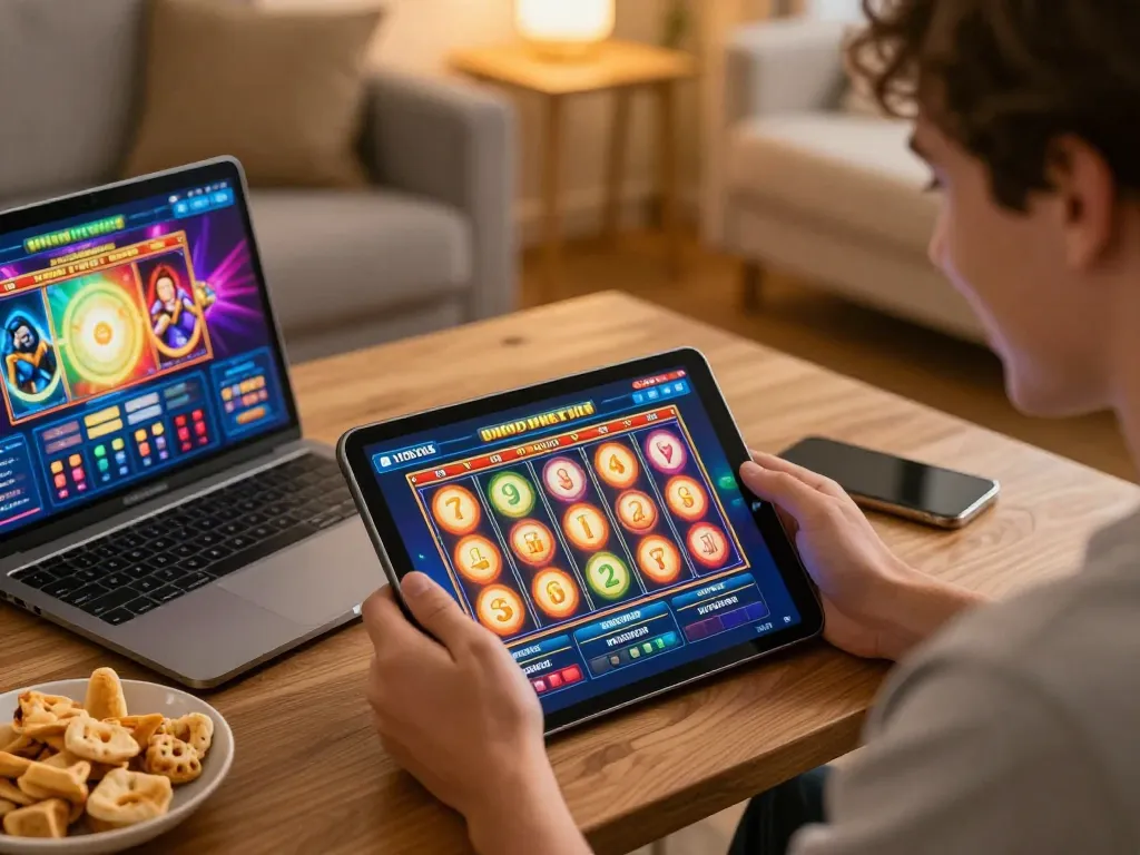 Engaging with link slot gameplay on tablet in cozy home atmosphere, showcasing online casino excitement