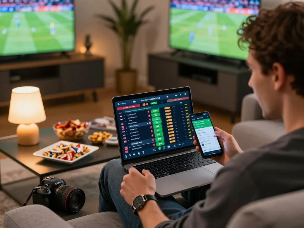 Placing strategic sports bets online using cm8888 app while watching live game at home.
