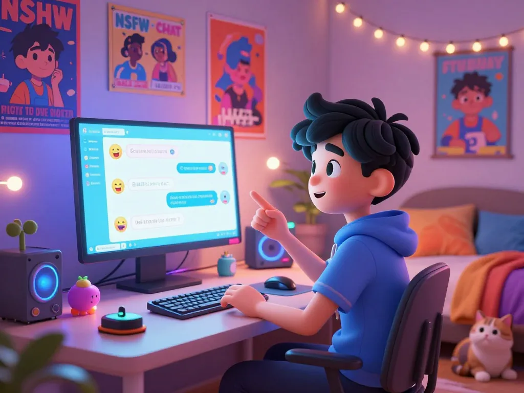 Engaging AI chat NSFW experience with animated character in cozy bedroom setting.