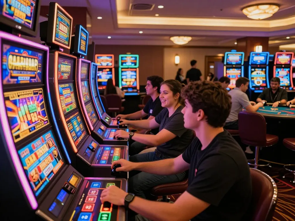 Players enjoying slot machines while using SpinAdvisor for smarter choices in casino.