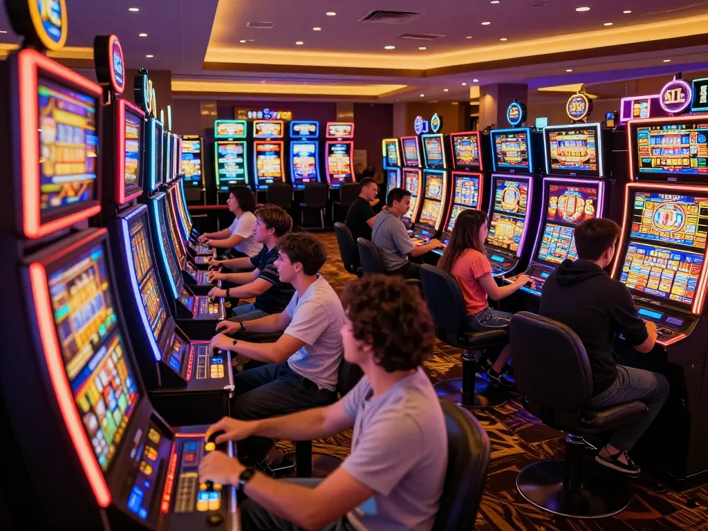 Players enjoying link slot machines amid vibrant casino lights, showcasing excitement and gaming action