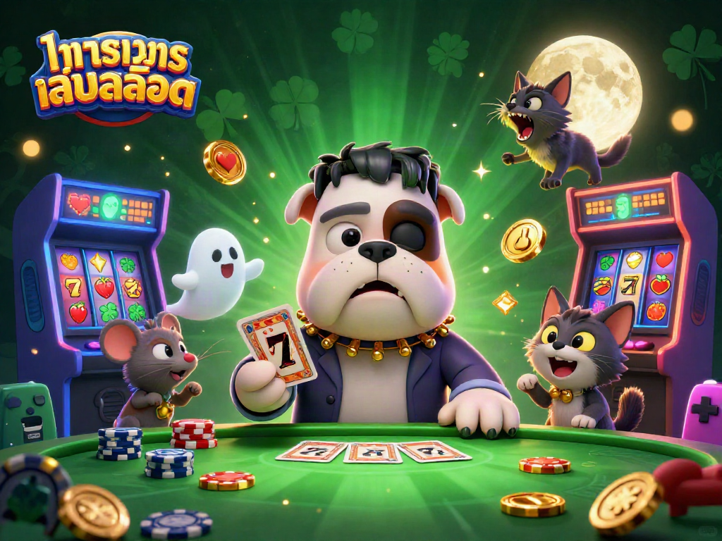 Engage in ทดลองเล่นสล็อต with a vibrant casino scene featuring a cartoon Frankenstein bulldog and a werewolf kitten.