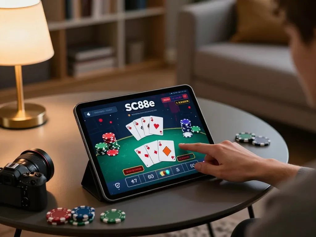 Engaging with the SC88e app for strategic poker gameplay at home, showcasing cozy online gambling.