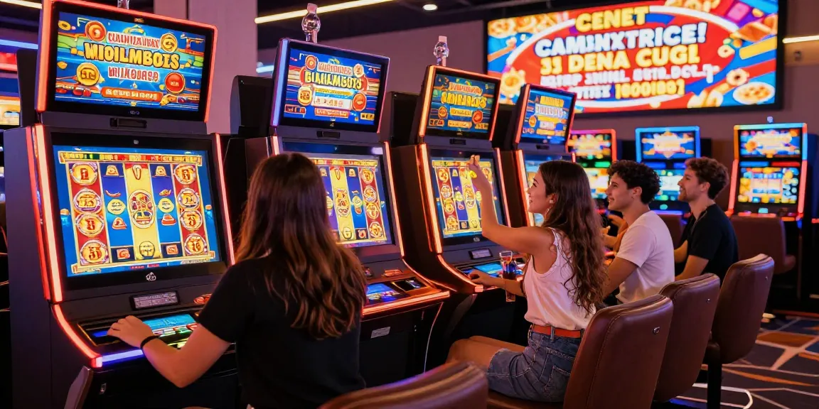 Friends enjoying tambakbet slot machines in a vibrant casino atmosphere with colorful screens and promotional displays.