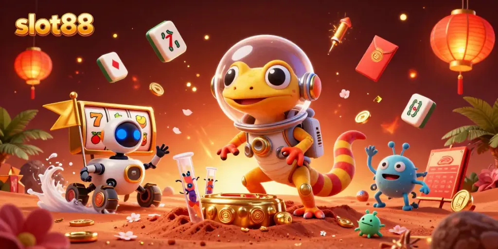 slot88 merayakan kemenangan dengan gecko Mars, kasino emas, dan robot.