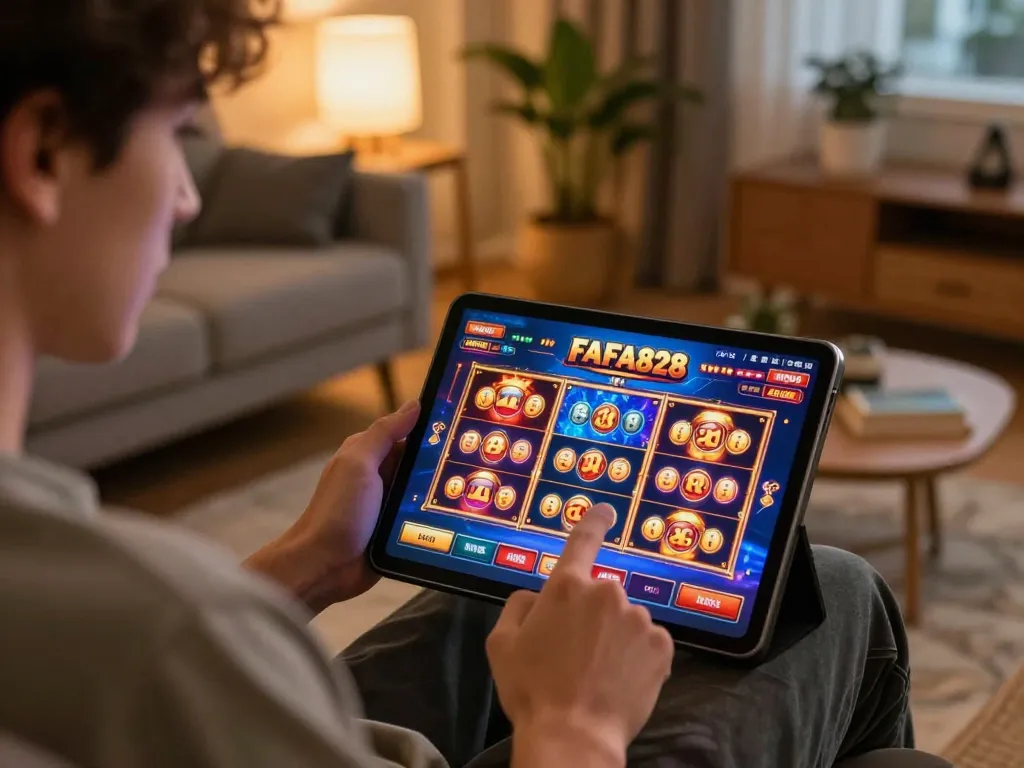 FAFA828 player engaging with online slots in cozy home setting, showcasing interactive gaming experience.