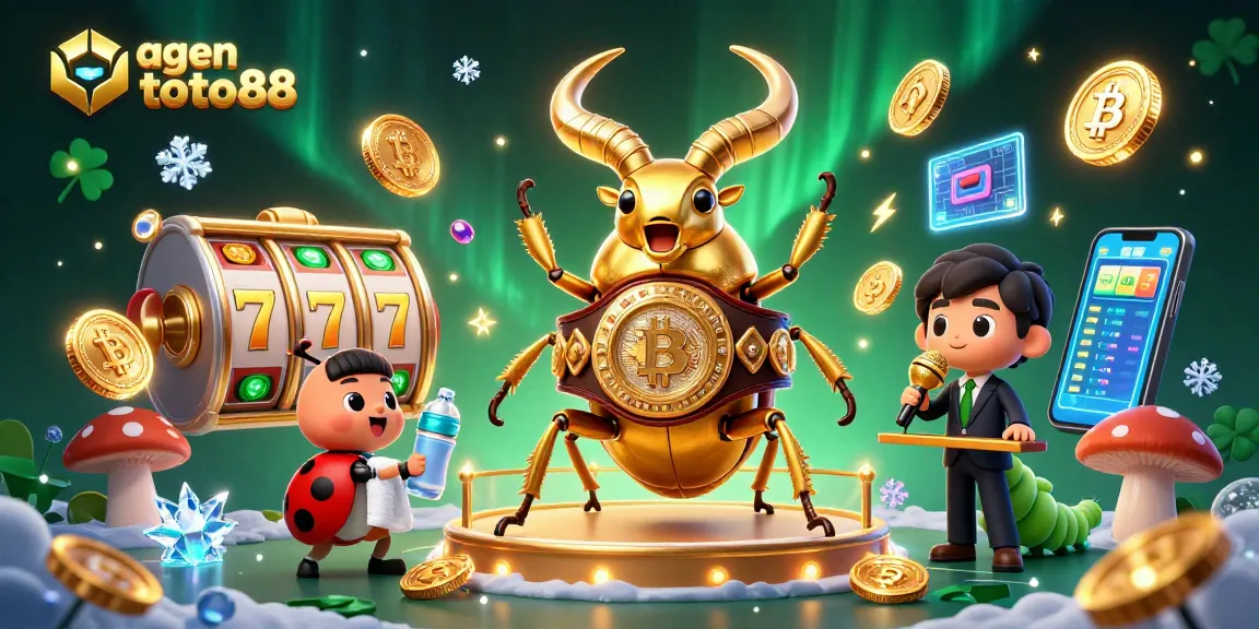 Win big with agen toto88, featuring a golden stag beetle champion and slot reels in an exciting casino scene.