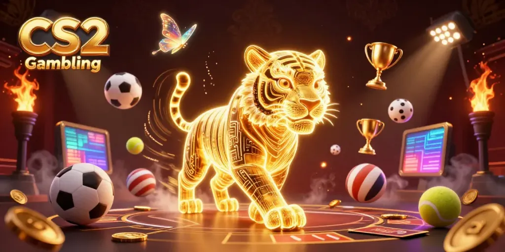 Engage in thrilling CS2 Gambling with a neon tiger amidst a bustling digital casino.
