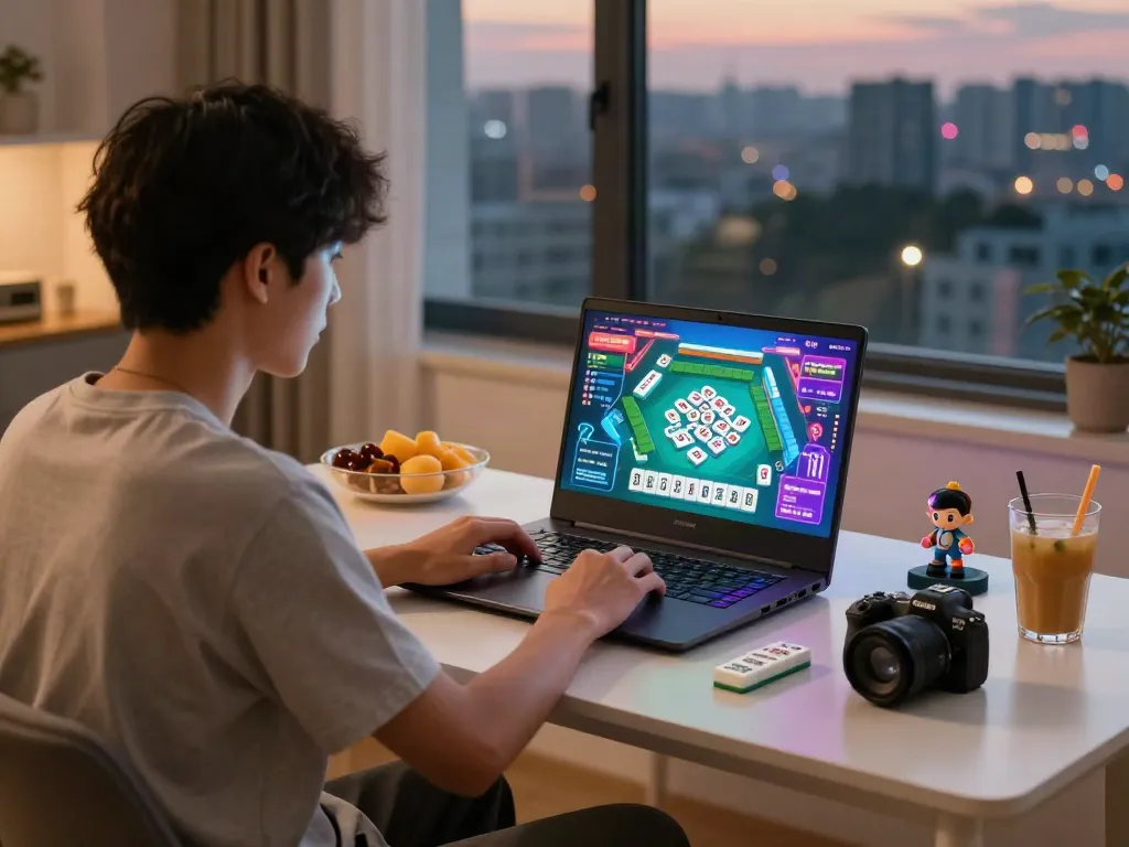 Gamer menikmati permainan Mahjong118 di ruang bermain modern dengan suasana hangat.