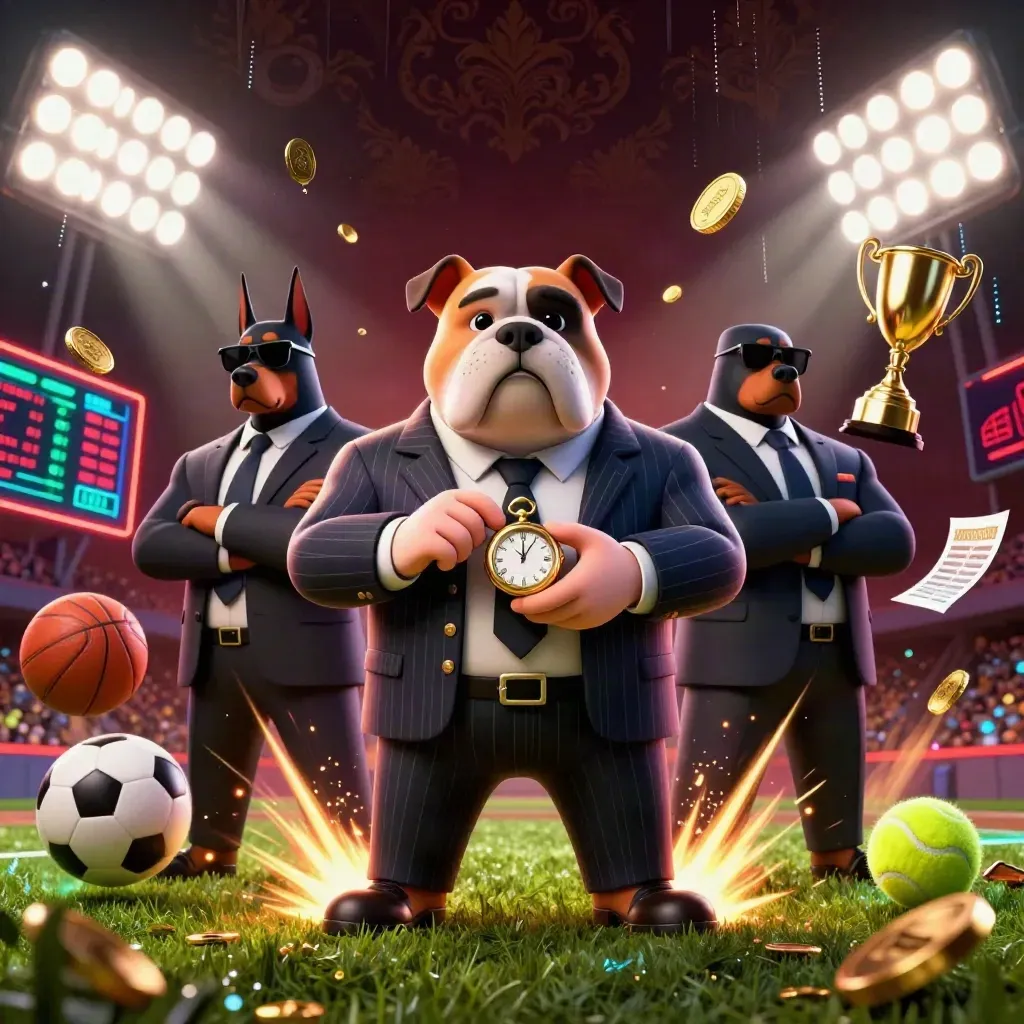 Mafia bulldog and Dobermans amid flying sports balls, coins, trophy, and neon stadium lights.