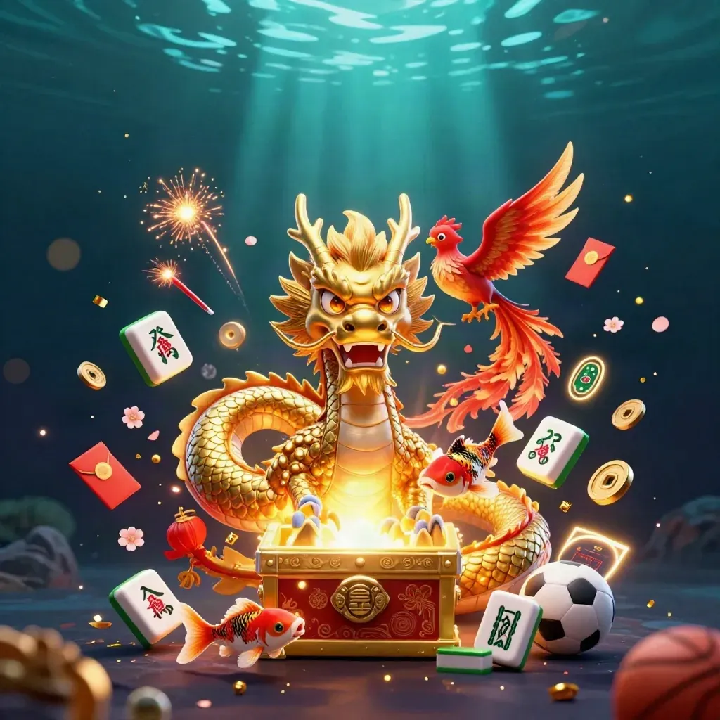Golden dragon, phoenix, koi, and sports symbols erupt in neon casino light over dark blue water.