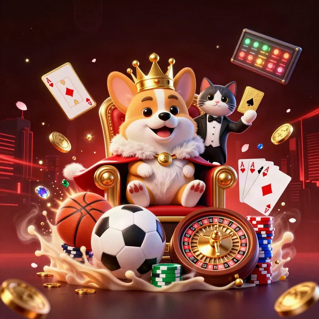 Royal corgi and cat butler on chip throne amid flying coins, cards, and sports balls.