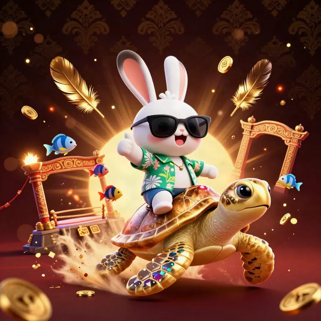 Lucky rabbit rides a gem-shell sea turtle amid gold coins, banners, and temple gates.