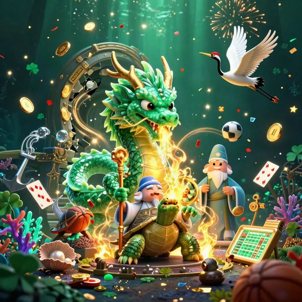 Jade dragon, turtle sage, and cranes amid treasure, coins, coral, and sports props.