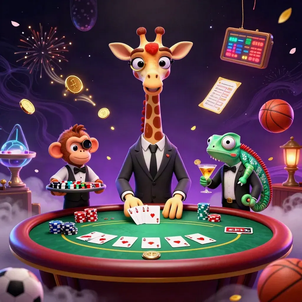 Giraffe, monkey, and chameleon at a neon poker table with coins, chips, and fireworks.