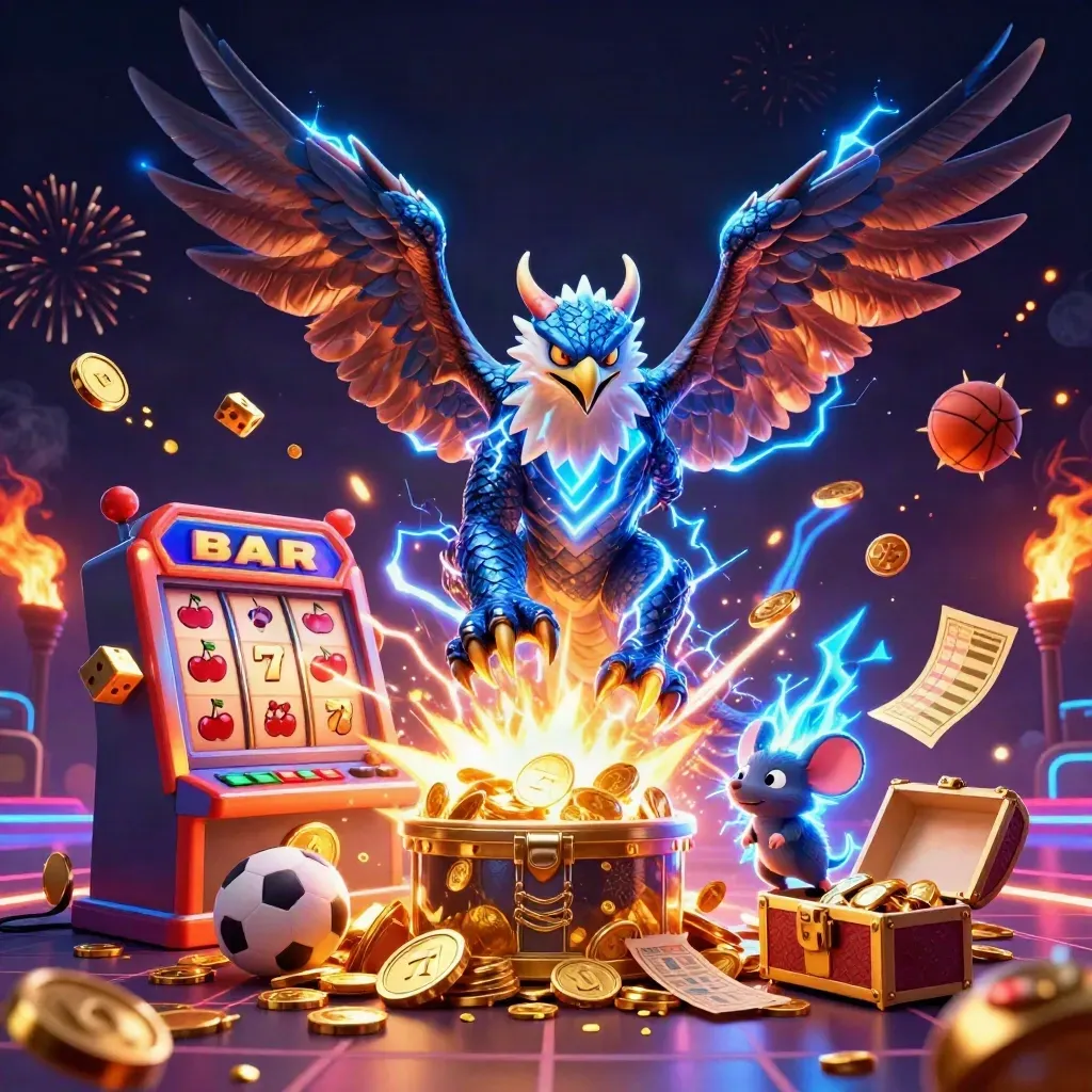 Thunder dragon, wind hawk, and thunder-mouse amid a slot-machine jackpot burst and flying gold coins.