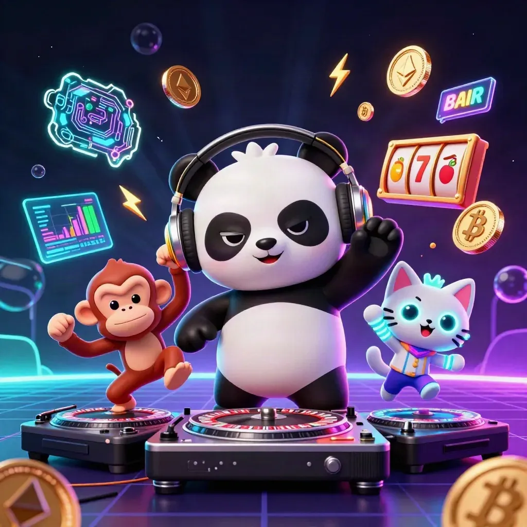 DJ panda, breakdancing monkey and glow-stick kitten amid neon casino coins and lightning