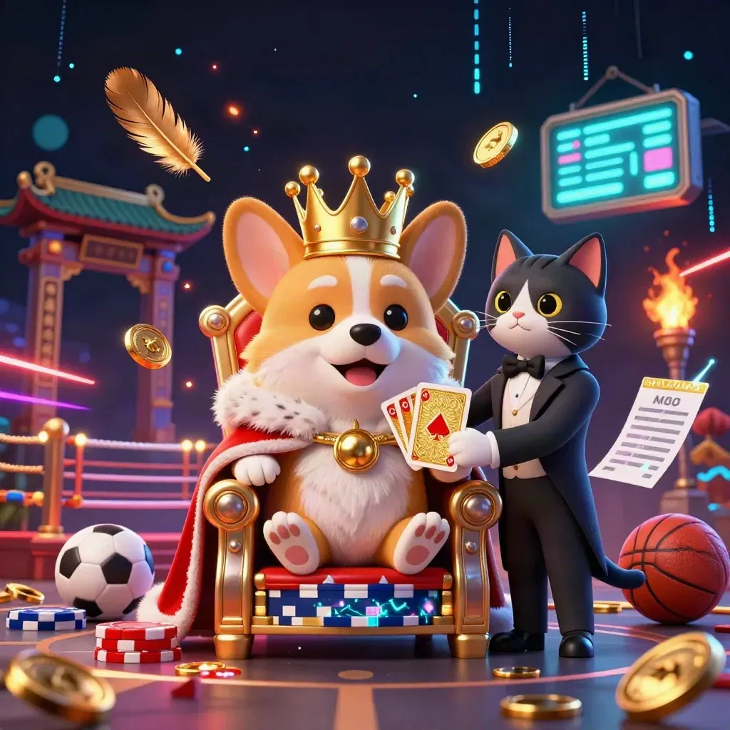 Royal corgi and cat butler amid gold coins, neon sparks, sports props, and a glowing ring.