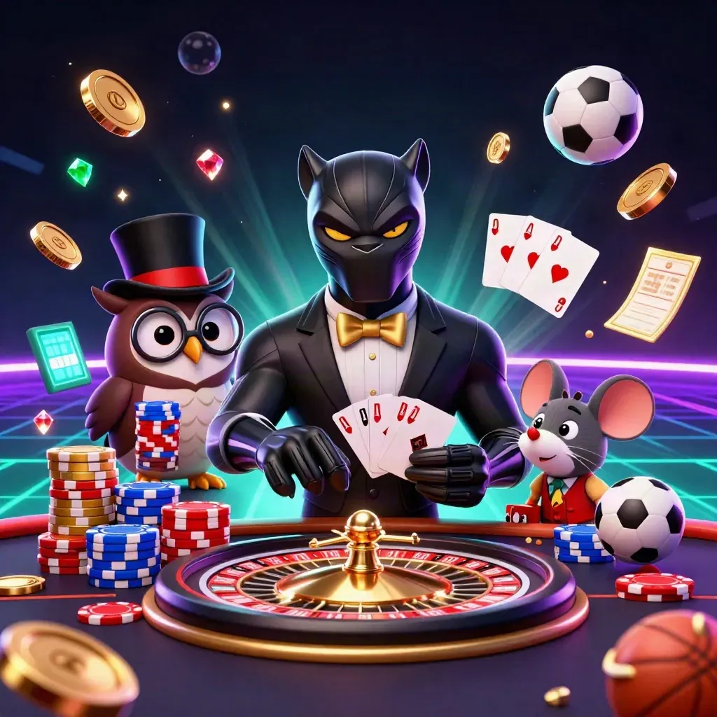 Panther, owl, and mouse amid casino chips, coins, cards, and sports betting props in neon glow