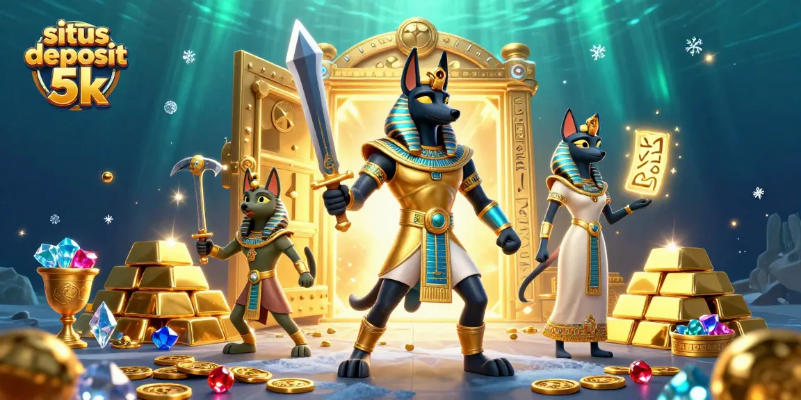 Engage with exciting slots on situs deposit 5k, featuring Anubis and treasures in a vivid scene.