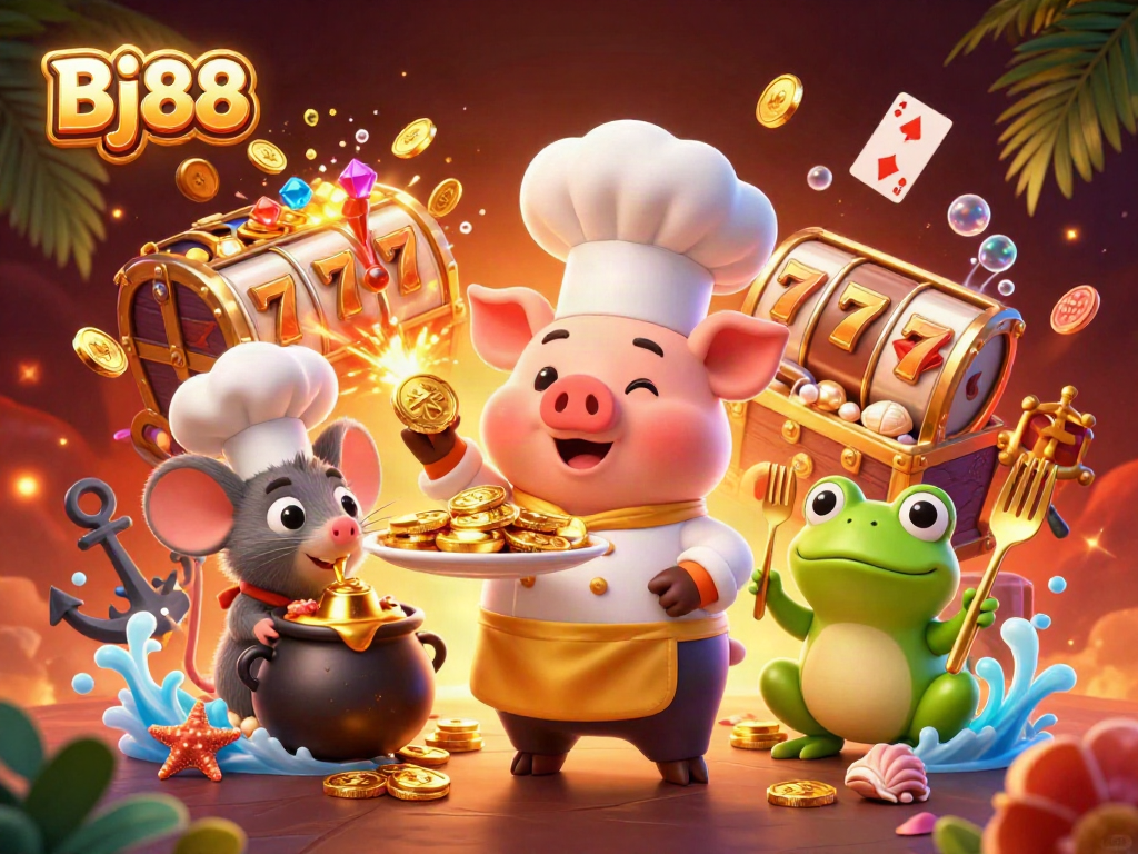 Bj88 showcases an engaging cartoon scene with casino elements featuring a chef pig, sous-chef mouse, and food critic frog.